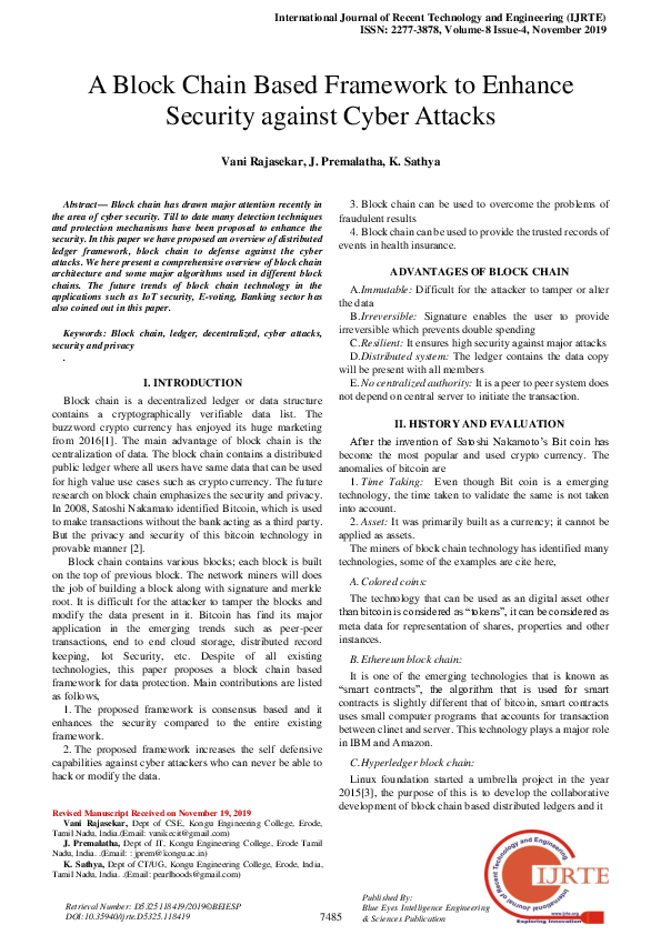 (PDF) A Block Chain Based Framework to Enhance Security against Cyber ...
