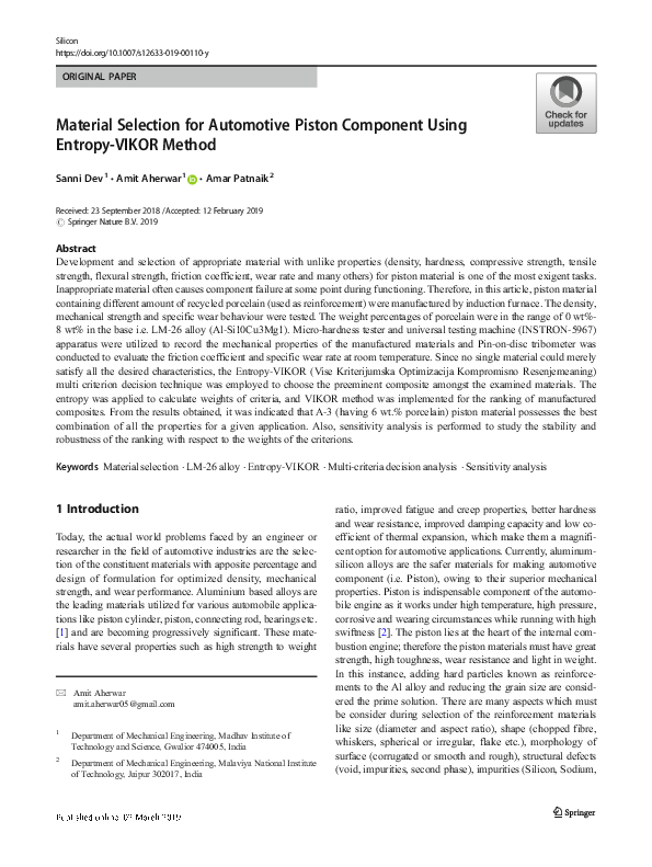 (PDF) Material Selection for Automotive Piston Component Using Entropy ...