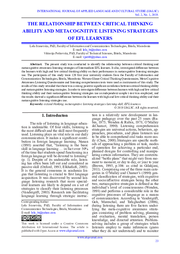 (PDF) The Relationship Between Critical Thinking Ability and ...