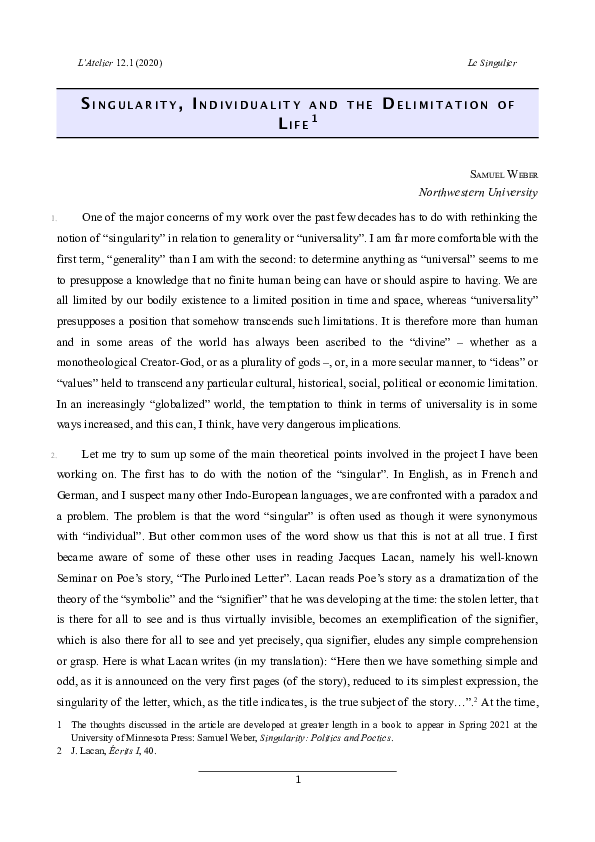 (PDF) Singularity, Individuality and the Delimitation of Life