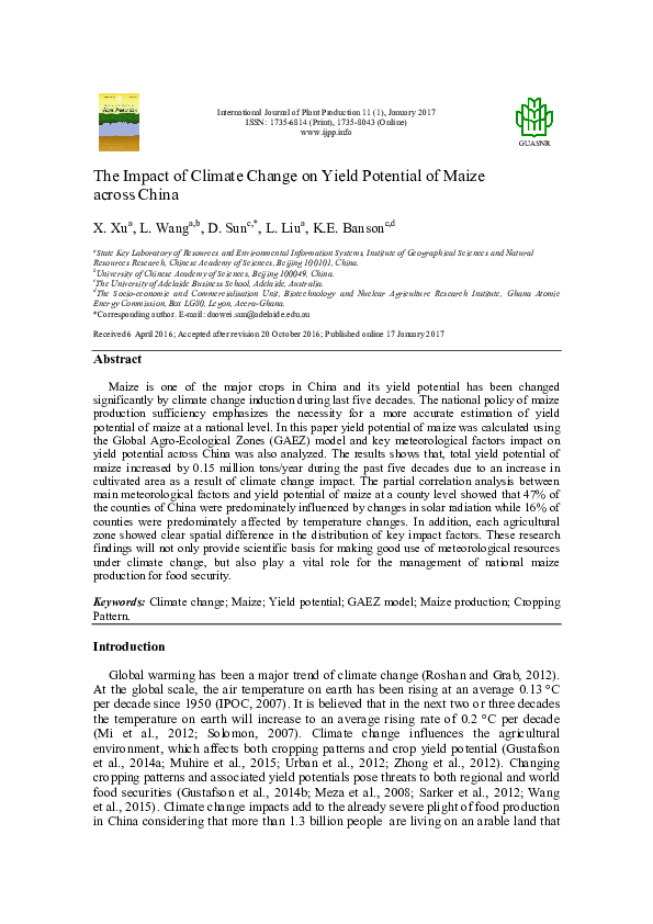 (PDF) The Impact of Climate Change on Yield Potential of Maize across China