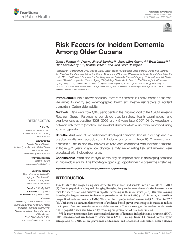 (PDF) Risk Factors for Incident Dementia Among Older Cubans