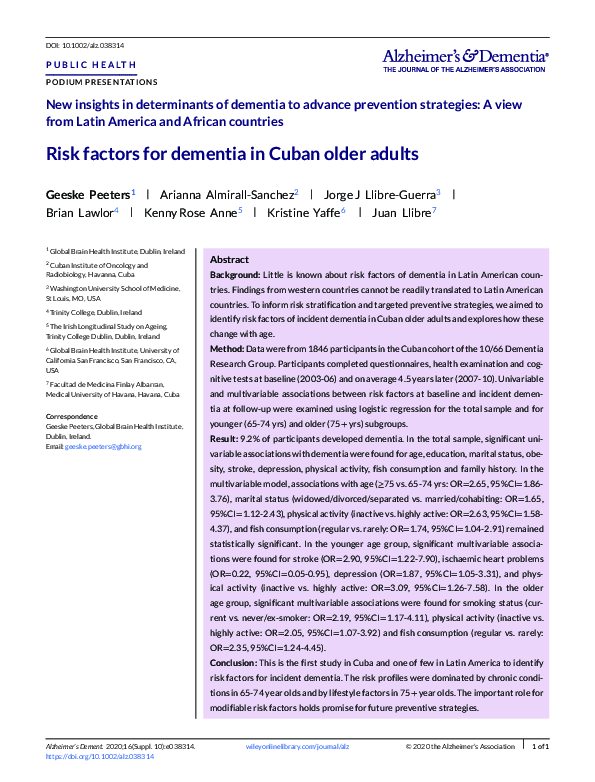 (PDF) Risk factors for dementia in Cuban older adults
