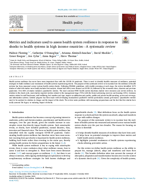 (PDF) Metrics and indicators used to assess health system resilience in ...