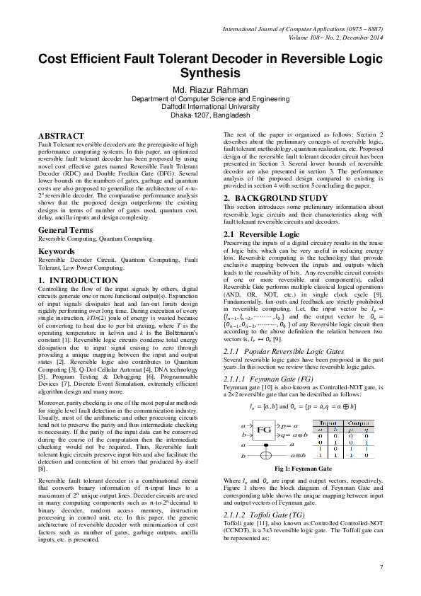 (PDF) Cost Efficient Fault Tolerant Decoder in Reversible Logic Synthesis