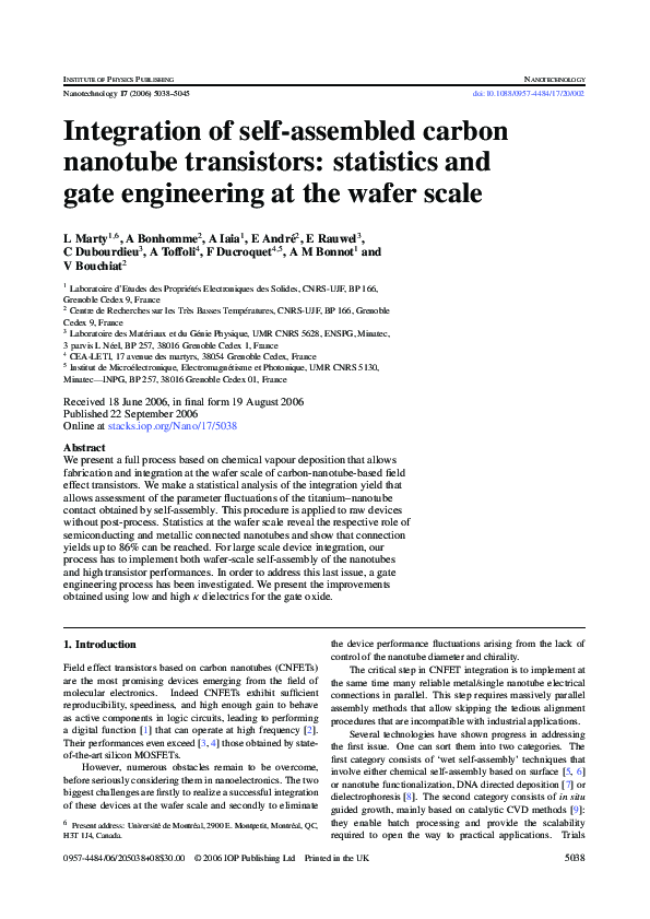 (PDF) Integration of self-assembled carbon nanotube transistors ...