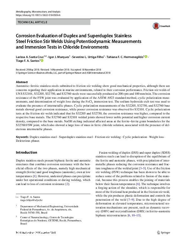 (PDF) Corrosion Evaluation of Duplex and Superduplex Stainless Steel ...