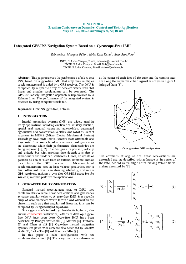 (PDF) Integrated GPS/INS Navigation System Based on a Gyroscope-Free IMU