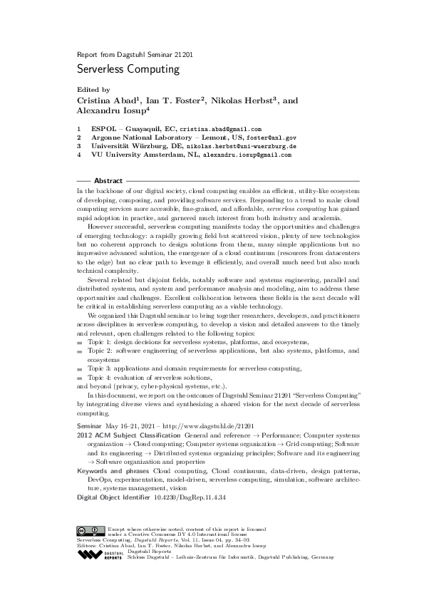 (PDF) Serverless Computing (Dagstuhl Seminar 21201)
