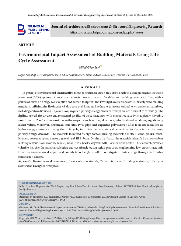 (PDF) Environmental Impact Assessment of Building Materials Using Life ...