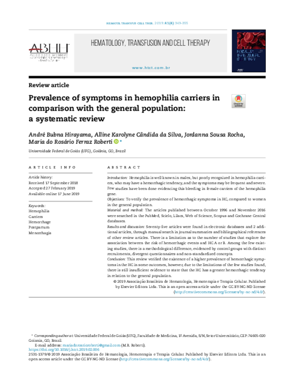 (PDF) Prevalence of symptoms in hemophilia carriers in comparison with ...