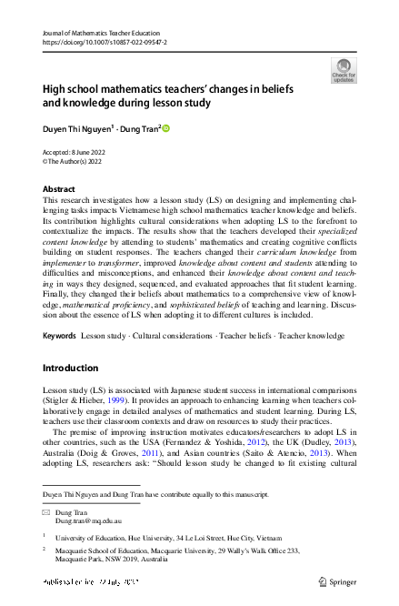 (PDF) High school mathematics teachers' changes in beliefs and ...