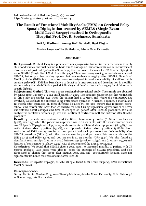 (PDF) The Result of Functional Mobility Scale (FMS) on Cerebral Palsy ...