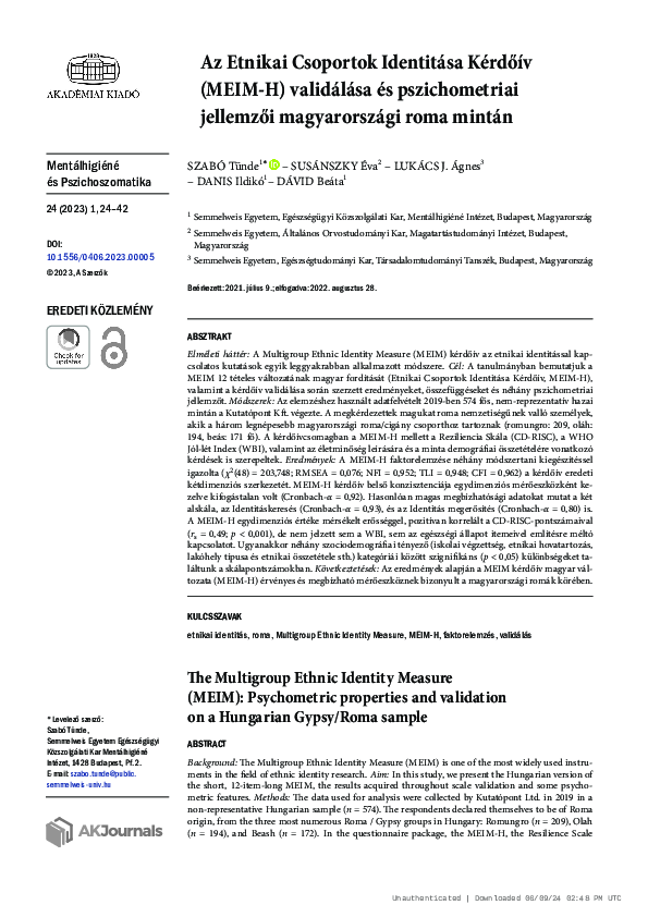 (PDF) Az Etnikai Csoportok Identitása Kérdőív (MEIM-H) validálása és ...