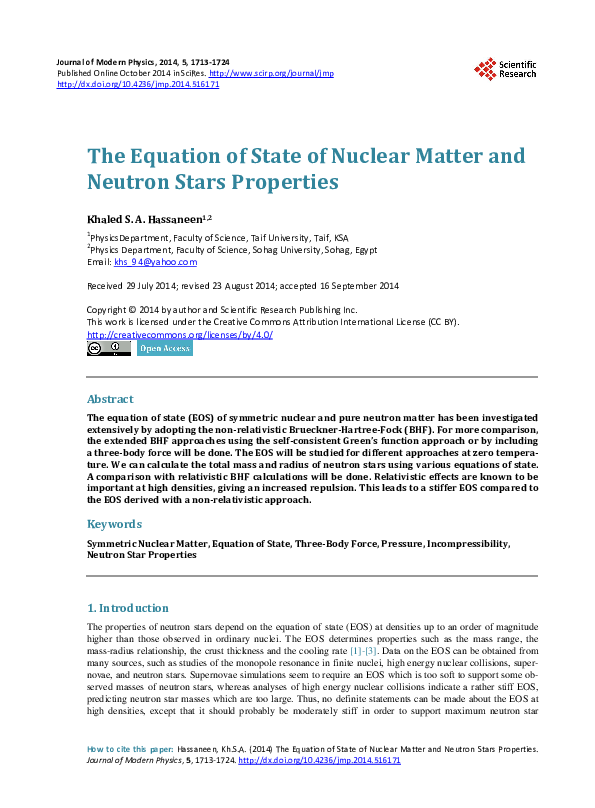 (PDF) The Equation of State of Nuclear Matter and Neutron Stars Properties