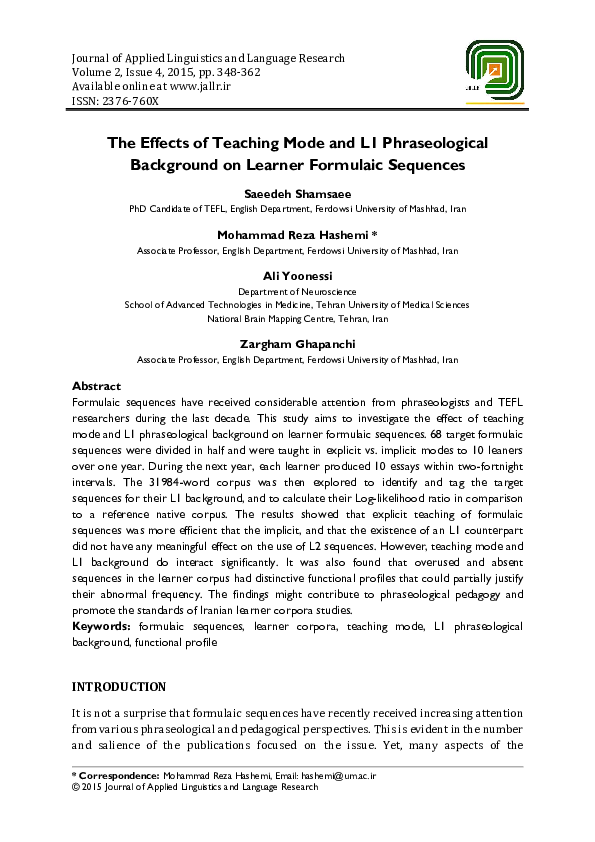 (PDF) The Effects of Teaching Mode and L1 Phraseological Background on ...