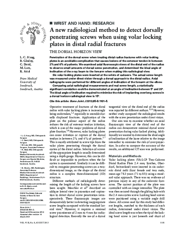 (PDF) A new radiological method to detect dorsally penetrating screws ...