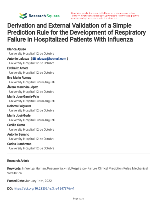 (PDF) Derivation and External Validation of a Simple Prediction Rule ...