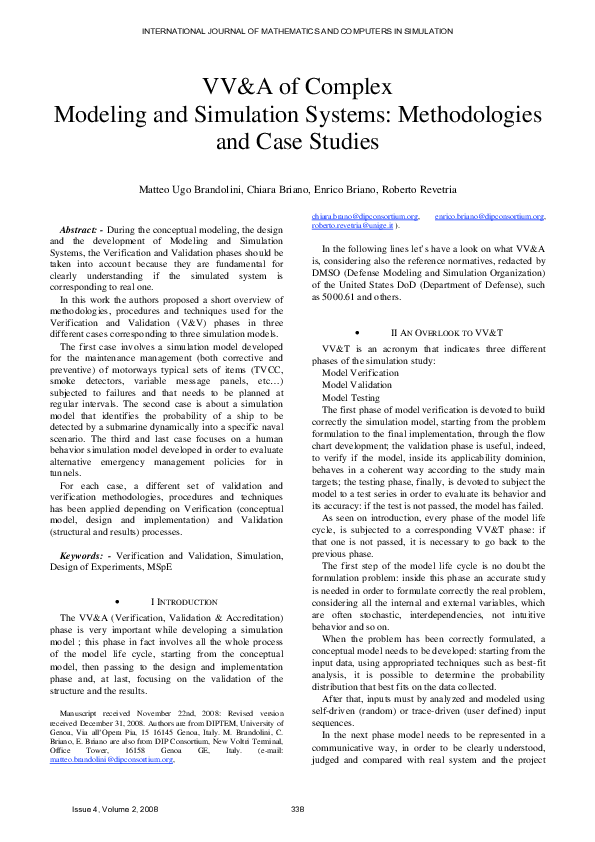 (PDF) VV&A of Complex Modeling and Simulation Systems: Methodologies ...