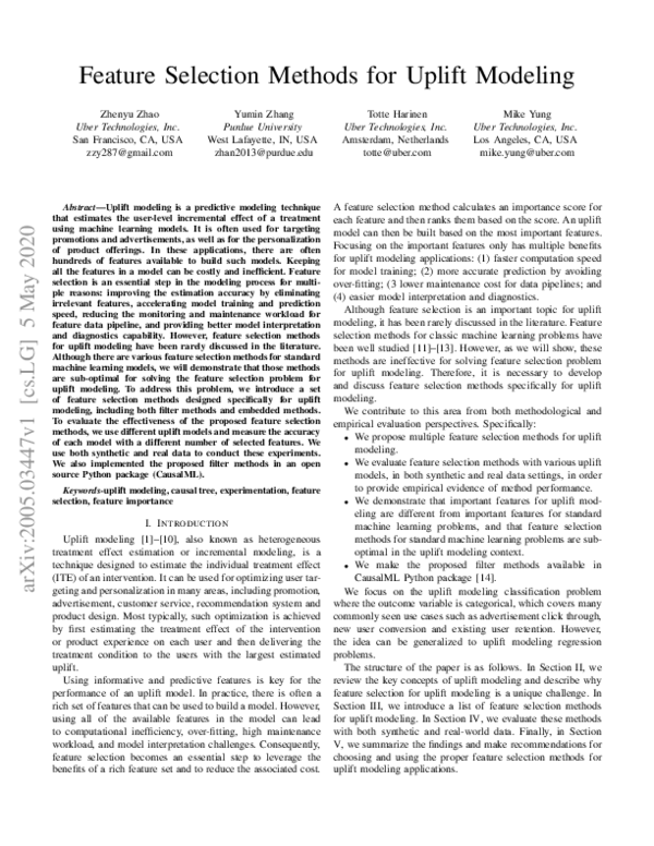 (PDF) Feature Selection Methods for Uplift Modeling