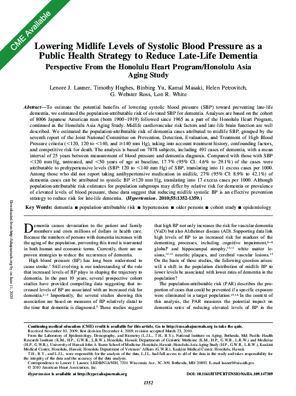 (PDF) Lowering Midlife Levels of Systolic Blood Pressure as a Public ...