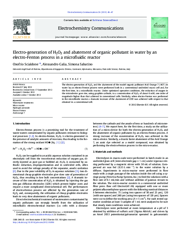 (PDF) Electro-generation of H2O2 and abatement of organic pollutant in ...