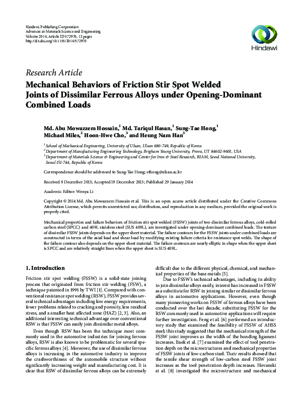 (PDF) Mechanical Behaviors of Friction Stir Spot Welded Joints of ...