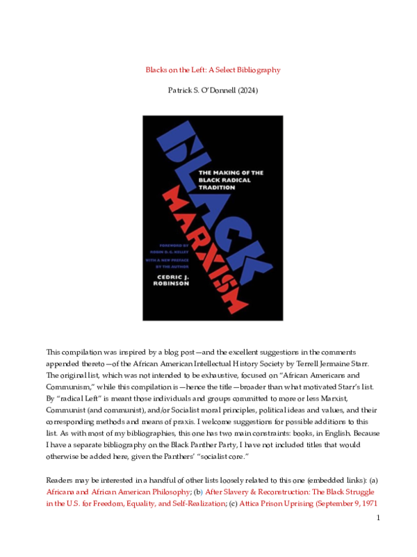 First page of “Blacks on the (Radical) Left: A Select Bibliography”