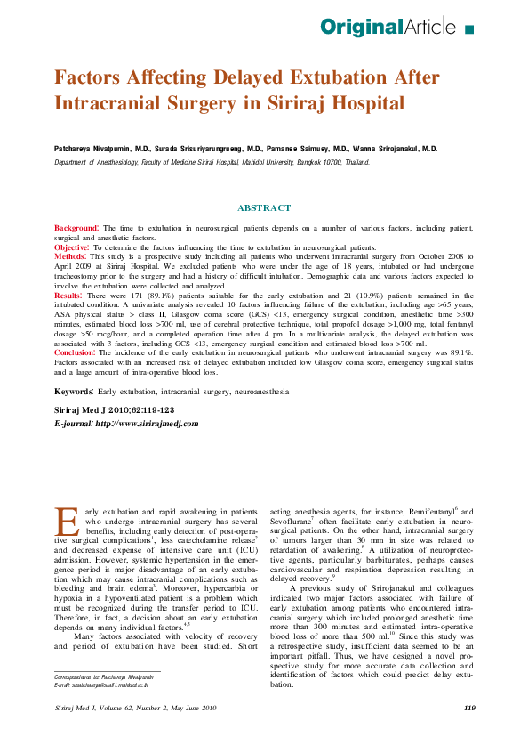 (PDF) Factors Affecting Delayed Extubation After Intracranial Surgery ...