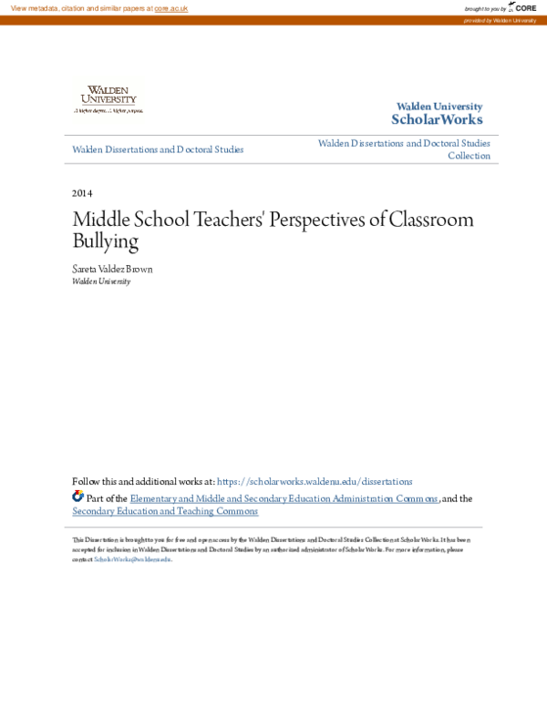 (PDF) Middle School Teachers\u27 Perspectives of Classroom Bullying