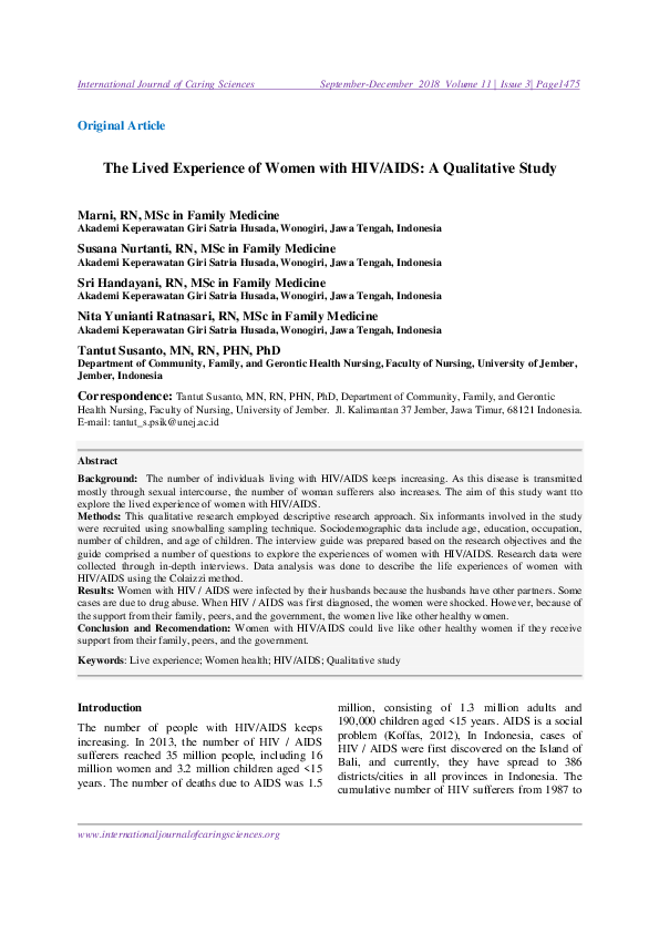 (PDF) The Lived Experience of Women with HIV/AIDS: A Qualitative Study
