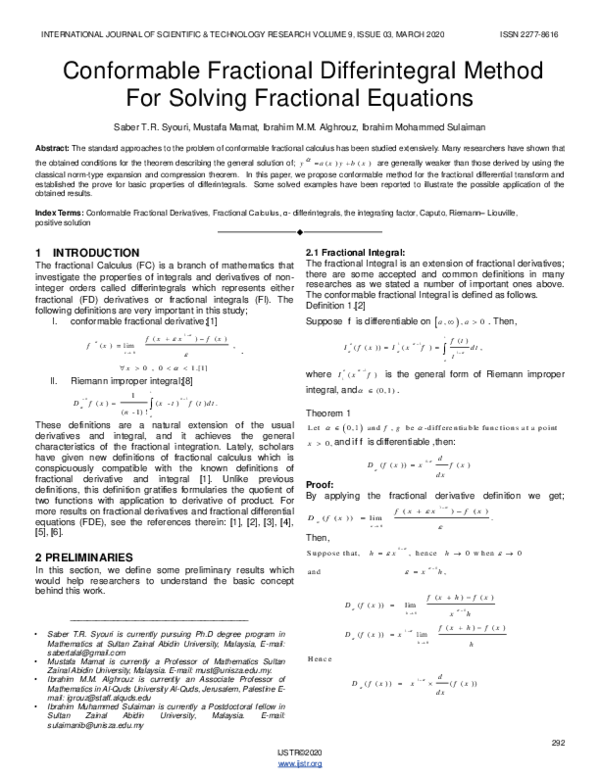 (PDF) Conformable Fractional Differintegral Method For Solving ...