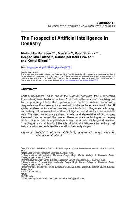 (PDF) The Prospect of Artificial Intelligence in Dentistry