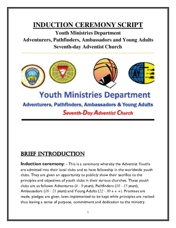 (PDF) INDUCTION CEREMONY SCRIPT Youth Ministries Department Adventurers ...