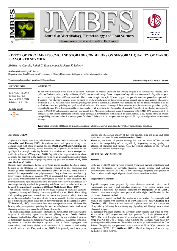 Effect of Treatments, CMC and Storage Conditions on Sensorial Quality of Mango Flavoured Soymilk