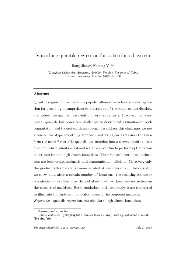 (PDF) Smoothing quantile regression for a distributed system