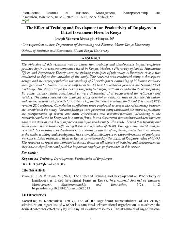 (PDF) The Effect of Training and Development on Productivity of ...