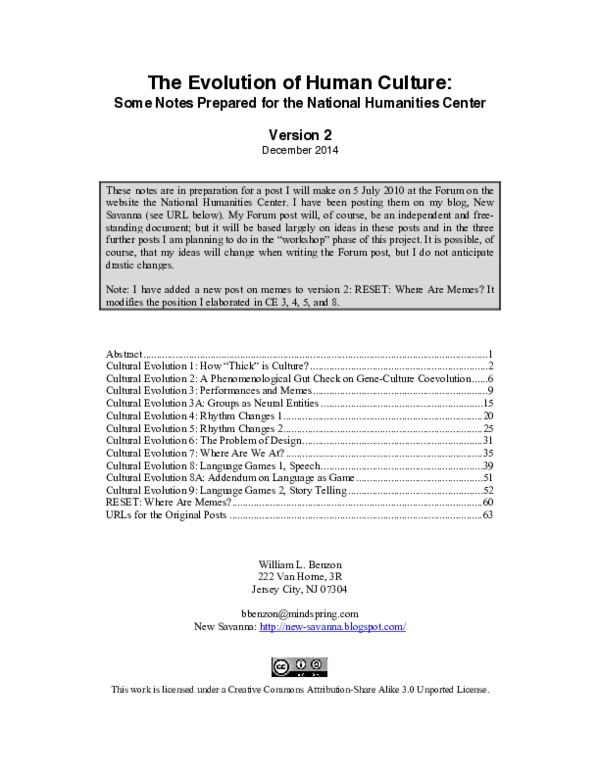 (PDF) The Evolution of Human Culture: Some Notes Prepared for the ...