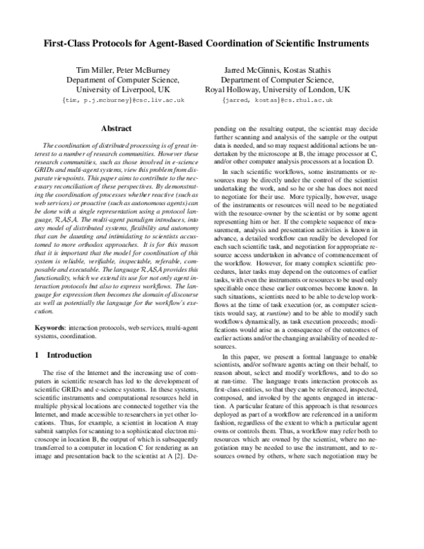 (PDF) First-Class Protocols for Agent-Based Coordination of Scientific ...