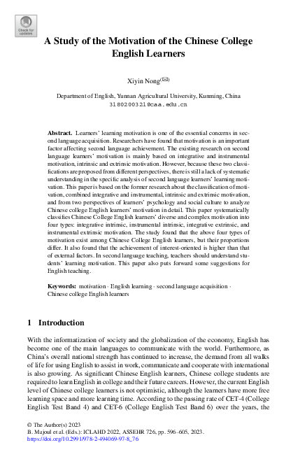 (PDF) A Study of the Motivation of the Chinese College English Learners