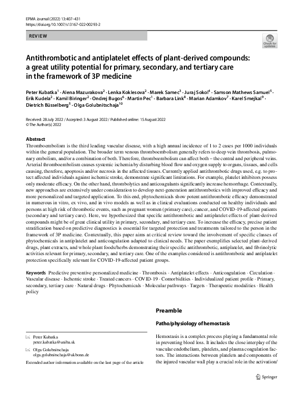 (PDF) Antithrombotic and antiplatelet effects of plant-derived ...