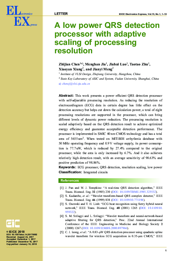 (PDF) A low power QRS detection processor with adaptive scaling of ...