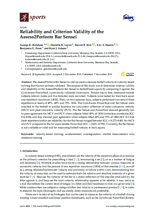 (PDF) Reliability and Criterion Validity of the Assess2Perform Bar Sensei