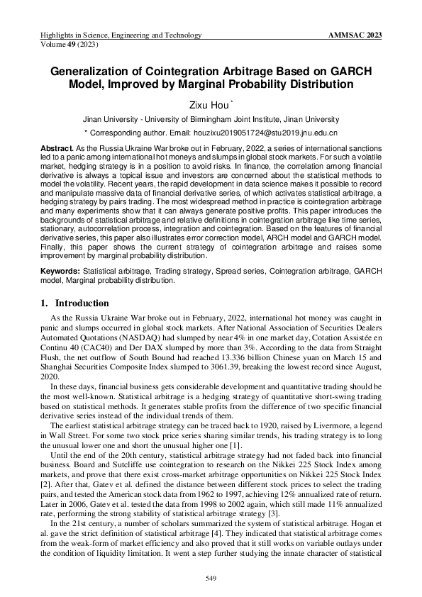 (PDF) Generalization of Cointegration Arbitrage Based on GARCH Model ...