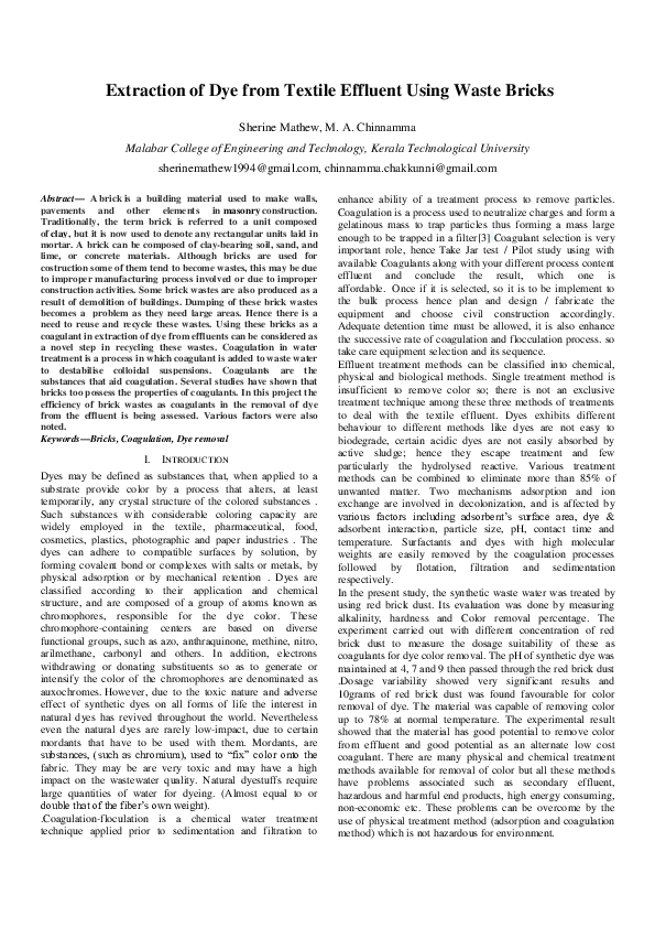 (PDF) Extraction of Dye from Textile Effluent Using Waste Bricks