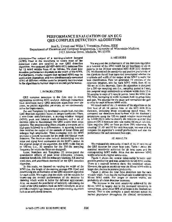 (PDF) PERFORMANCE EVALUATION OF AN ECG QRS COMPLEX DETECTION ALGORITHM