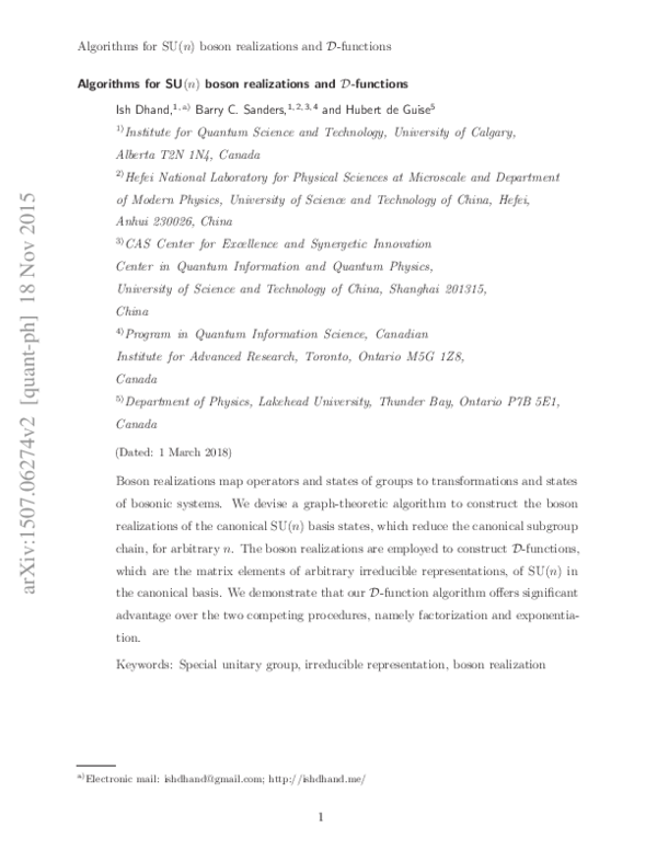 (PDF) Algorithms for SU(n) boson realizations and D-functions