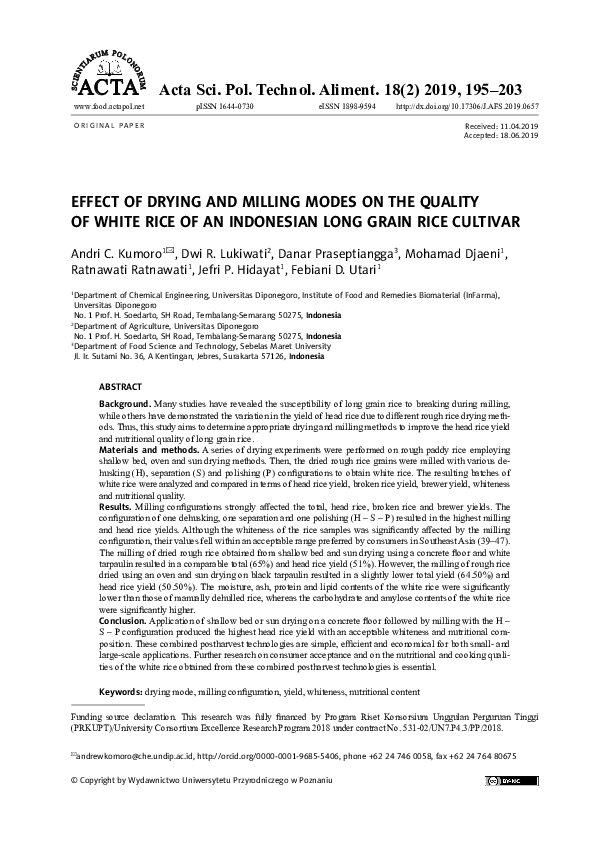 (PDF) Effect of drying and milling modes on the quality of white rice ...