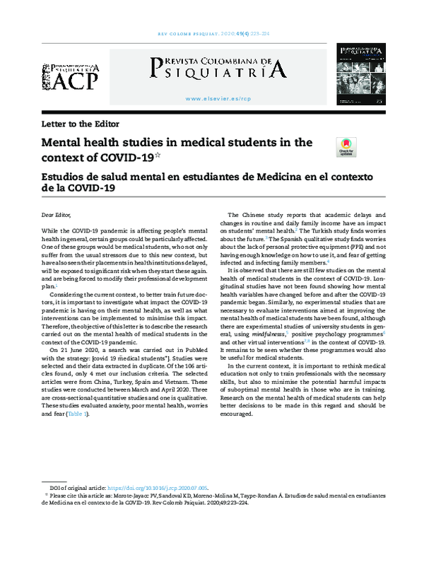 (PDF) Mental Health Studies in Medical Students in the Context of COVID ...
