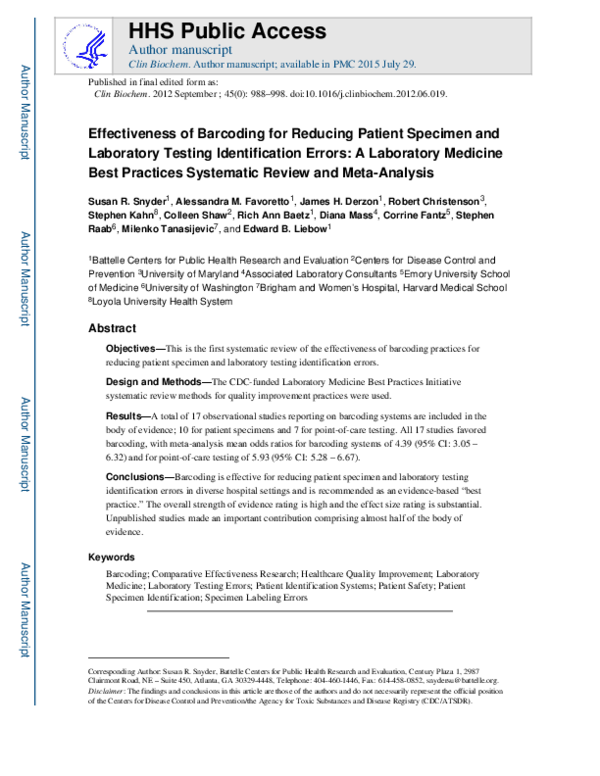 (PDF) Effectiveness of barcoding for reducing patient specimen and ...